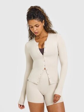 Oner Active Mellow Rib Long Sleeve Cardigan in Sand - Medium